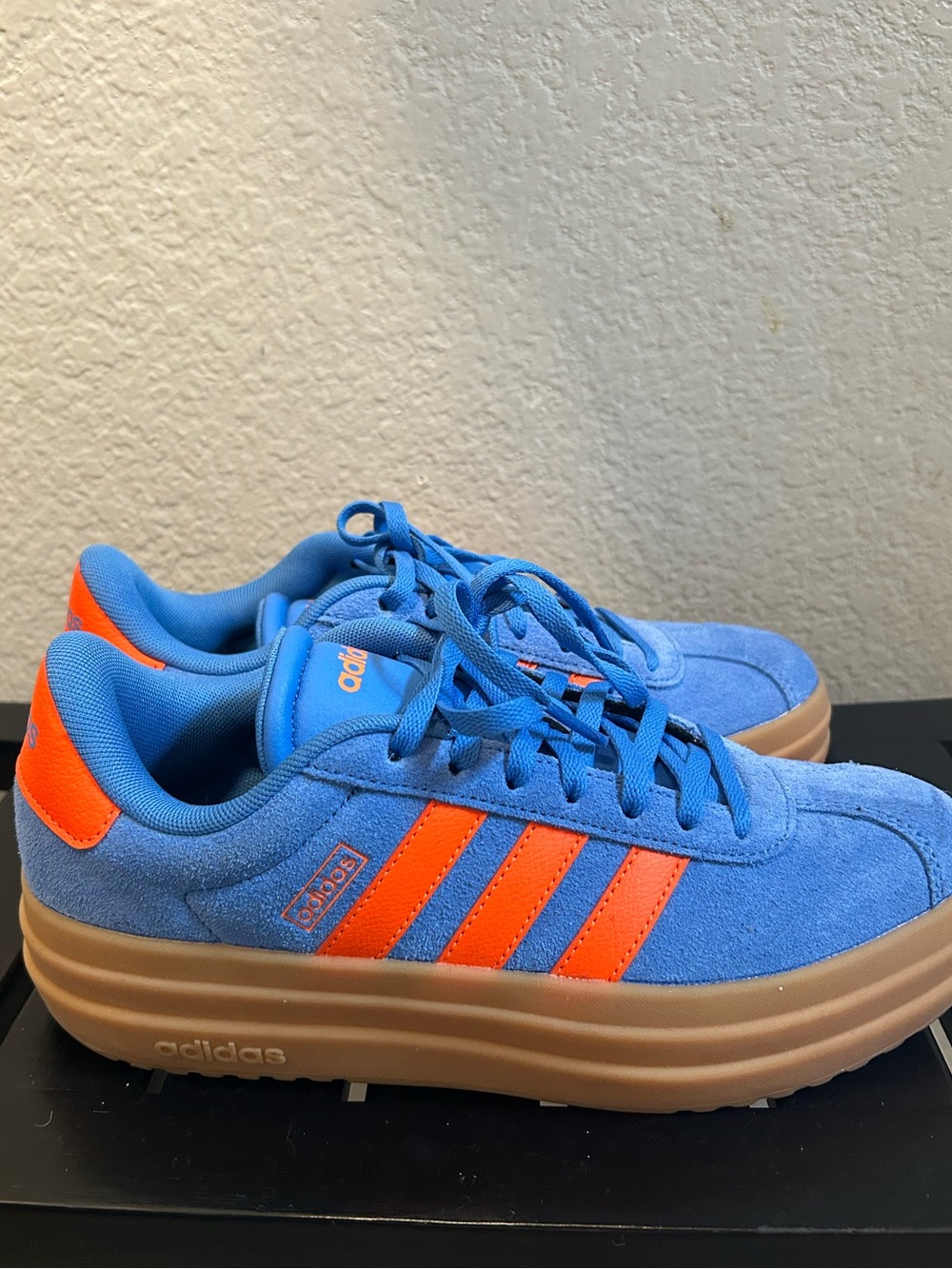 adidas women Blue Suede Sneakers with Orange Stripes and Tan Platform